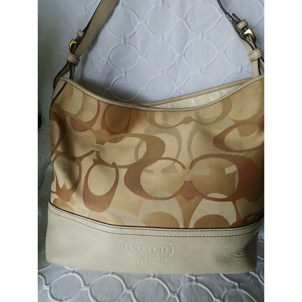 Coach Signature Shoulder Bag Purse Optic Large 7656 Cream Tan Canvas & Leather